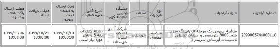 مناقصه عمومی یک مرحله ای پایپینگ مخزن بتنی 8000 مترمکعبی و عملیات تکمیلی تاسیسات آبرسانی سربندر 2