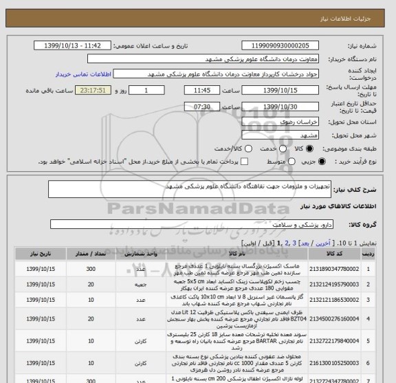 استعلام تجهیزات و ملزومات جهت نقاهتگاه دانشگاه علوم پزشکی مشهد