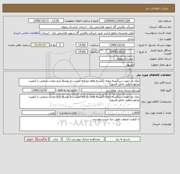 استعلام دوک نخ جهت سرکیسه دوزی (کیسه های دو لایه لمینت دار توسط چرخ دوخت صنعتی با کیفیت مرغوب(تولید داخل کشور)