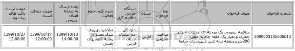 مناقصه عمومی یک مرحله ای عملیات اجرائی حفاری و پمپاژ یک حلقه چاه به عمق 200متردرمنطقه بدنه شیر شهرستان خرامه