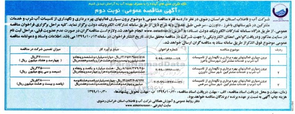 مناقصه , مناقصه برون سپاری فعالیتهای بهره برداری و نگهداری از تاسیسات آب شرب و خدمات مشترکین- نوبت دوم 