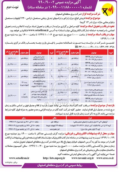 مزایده فروش انواع دیزل ژنراتور و ترانس تبدیل روغنی مستعمل....نوبت دوم 