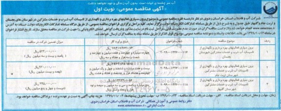 مناقصه , مناقصه برون سپاری فعالیتهای بهره برداری و نگهداری از تاسیسات آب شرب و خدمات مشترکین
