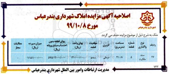 مزایده، مزایده فروش املاک کاربری تجاری و مسکونی و درمانی 