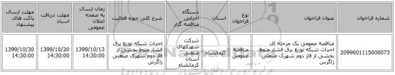 مناقصه عمومی یک مرحله ای احداث شبکه توزیع برق فشار متوط بخشی از فاز دوم شهرک صنعتی زاگرس