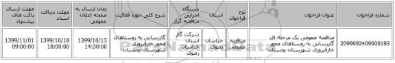 مناقصه عمومی یک مرحله ای گازرسانی به روستاهای محور خارفیروزی شهرستان بجستان