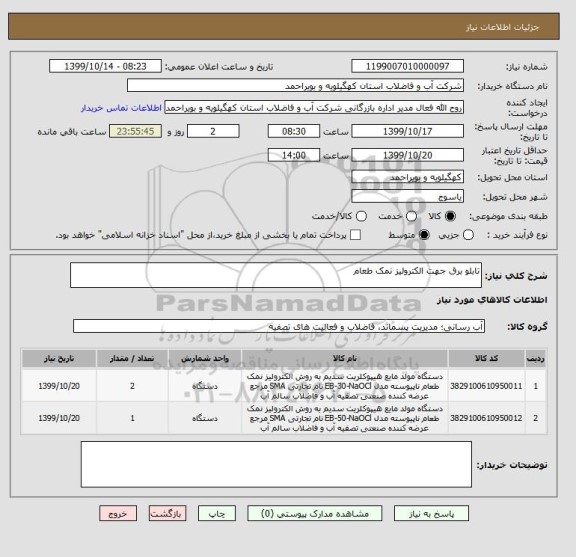 استعلام تابلو برق جهت الکترولیز نمک طعام