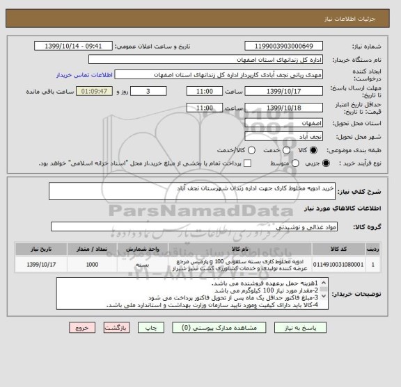 استعلام خرید ادویه مخلوط کاری جهت اداره زندان شهرستان نجف آباد
