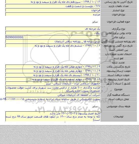 مزایده واگذاری ۲۰۰ هکتار از اراضی مخزن سد شهریار برای کشت موقت محصولات کشاورزی بصورت اجاره یکساله