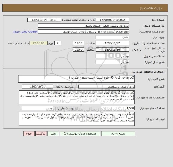 استعلام گان جراحی گرماژ 50 جلو و آستین لمینت شده ( ضد آب )