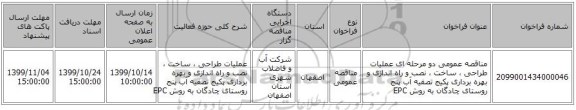 مناقصه عمومی دو مرحله ای عملیات طراحی ، ساخت ، نصب و راه اندازی و بهره برداری پکیج تصفیه آب پنج روستای چادگان به روش EPC