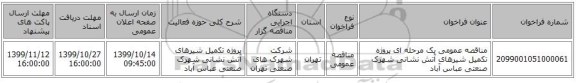مناقصه عمومی یک مرحله ای پروژه تکمیل شیرهای آتش نشانی شهرک صنعتی عباس آباد 