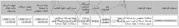مناقصه عمومی دو مرحله ای پروژه توسعه شبکه و نصب شیر در شبکه شهر سمنان ( بلوک بندی)