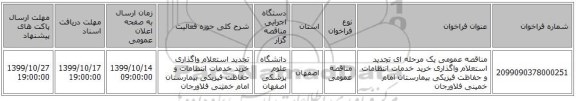 مناقصه عمومی یک مرحله ای تجدید استعلام واگذاری خرید خدمات انتظامات و حفاظت فیزیکی بیمارستان امام خمینی فلاورجان 