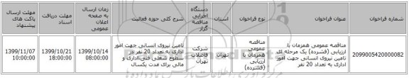 مناقصه عمومی همزمان با ارزیابی (فشرده) یک مرحله ای تامین نیروی انسانی جهت امور اداری به تعداد 20 نفر 
