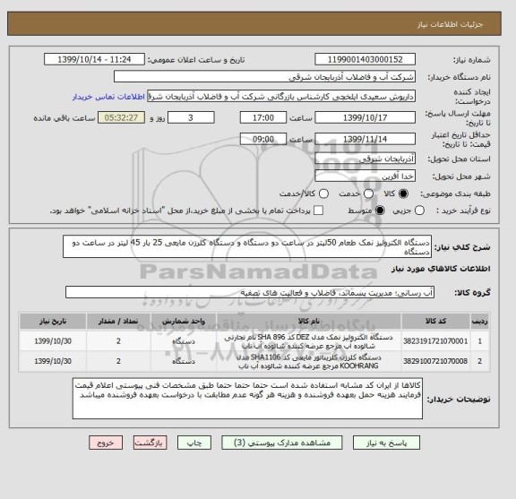استعلام دستگاه الکترولیز نمک طعام 50لیتر در ساعت دو دستگاه و دستگاه کلرزن مایعی 25 بار 45 لیتر در ساعت دو دستگاه