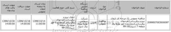 مناقصه عمومی یک مرحله ای انتقال نیرو و برقرسانی(طرحهای برقرسانی)درمحدوده امور توزیع برق منطقه 7 شیراز162-99