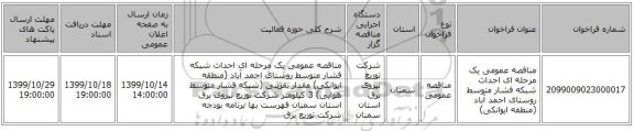 مناقصه عمومی یک مرحله ای احداث شبکه فشار متوسط روستای احمد آباد (منطقه ایوانکی)