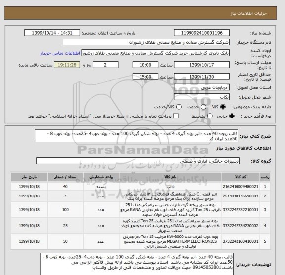 استعلام قالب ریچه 40 عدد -انبر بوته گیری 4 عدد - بوته شکن گیری 100 عدد - بوته دوب4 -25عدد- بوته ذوب 8 -50عدد ایران کد 