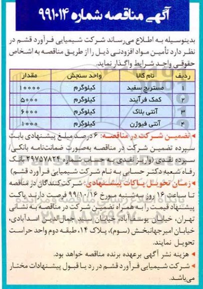 مناقصه تامین مواد افزودنی 