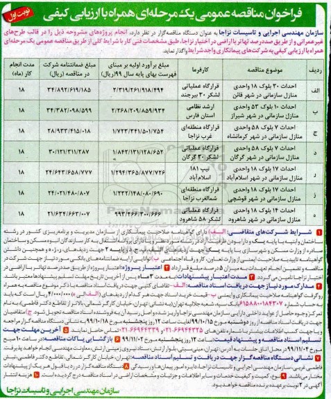 فراخوان مناقصه ,فراخوان مناقصه پروژه احداث 30 بلوک 18 واحدی منازل سازمانی ....