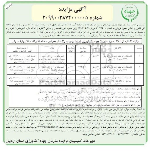 مزایده،مزایده فروش 3 فقره از املاک مازاد نوبت دوم