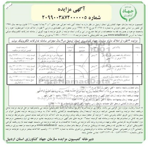 مزایده،مزایده فروش 3 فقره از املاک مازاد نوبت دوم 