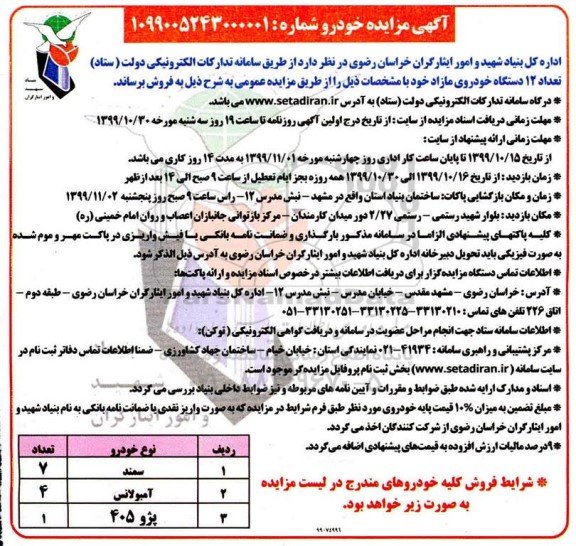 آگهی مزایده ، مزایده فروش تعداد 12 دستگاه خودروی مازاد