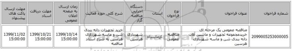 مناقصه عمومی یک مرحله ای خریدمجموعه تجهیزات و ماشین آلات دانه بندی شن و ماسه شهرداری هرسین