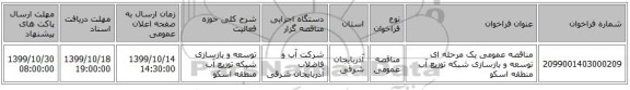 مناقصه عمومی یک مرحله ای توسعه و بازسازی شبکه توزیع آب منطقه اسکو