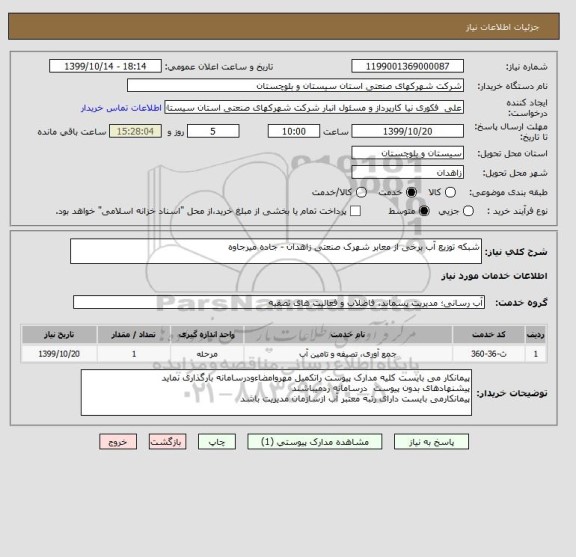 استعلام شبکه توزیع آب برخی از معابر شهرک صنعتی زاهدان - جاده میرجاوه