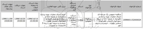 مناقصه عمومی یک مرحله ای اجرای عملیات بهره برداری و نگهداری از تصفیه خانه و شبکه جمع آوری فاضلاب aهرکهای صنعتی نوآوران ، خرمدره و شریف ابهر