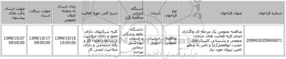 مناقصه عمومی یک مرحله ای واگذاری انجام کلیه فعالیت های خدمات عمومی و پشتیبانی کلینیک های حضرت ابوالفضل(ع) و ثامن  به منظور تامین نیروی مورد نیاز