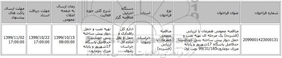 مناقصه عمومی همزمان با ارزیابی (فشرده) یک مرحله ای تهیه نصب و حمل دیوار پیش ساخته بتنی خودایستا حدفاصل پاسگاه 17شهریور و پایانه مرزی دوغارون99/31/165 نوبت اول