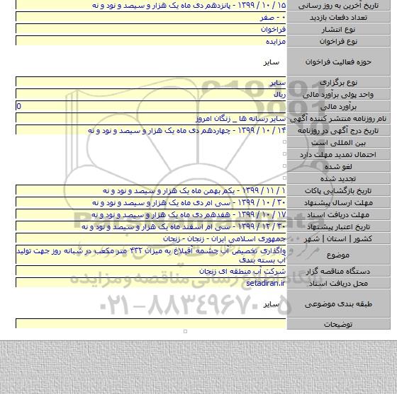 واگذاری تخصیص آب چشمه آقبلاغ به میزان ۴۳۲ متر مکعب در شبانه روز جهت تولید آب بسته بندی
