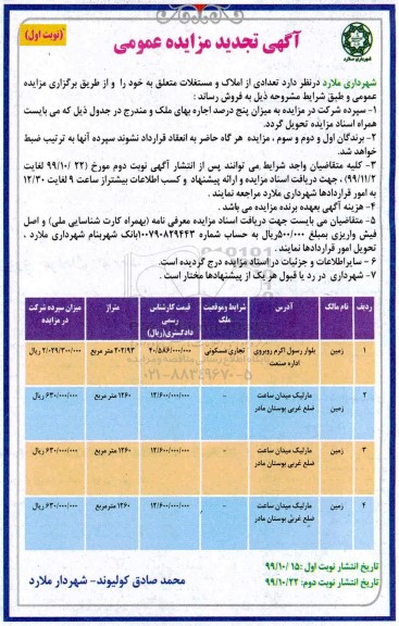 مزایده،مزایده فروش تعدادی از املاک و مستغلات نوبت اول