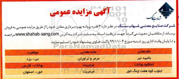 مزایده 3 فقره پروانه بهره برداری معادن