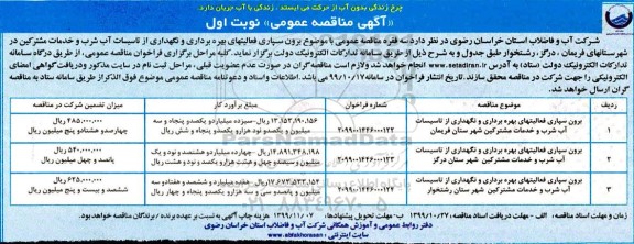 مناقصه , مناقصه برون سپاری فعالیتهای بهره برداری و نگهداری از تاسیسات آب شرب و خدمات مشترکین