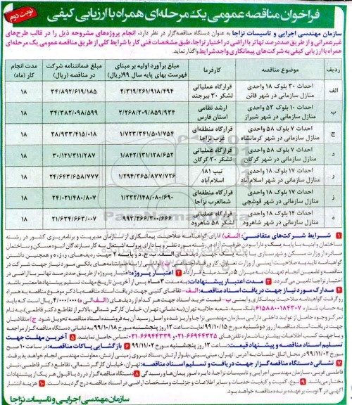 فراخوان مناقصه , فراخوان مناقصه پروژه احداث 30 بلوک 18 واحدی منازل سازمانی .... - نوبت دوم