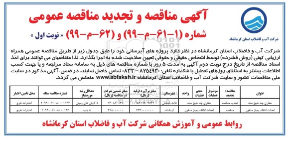 مناقصه و تجدید مناقصه عمومی, مناقصه پروژه های آبرسانی ... 