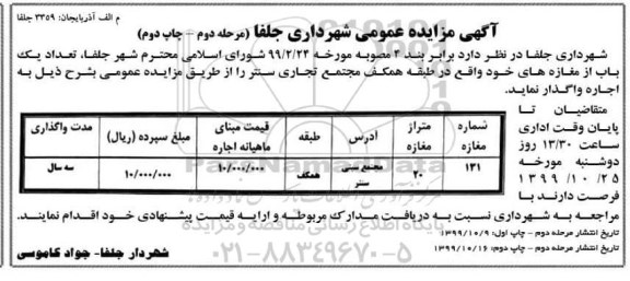 مزایده, مزایده اجاره یک باب مغازه