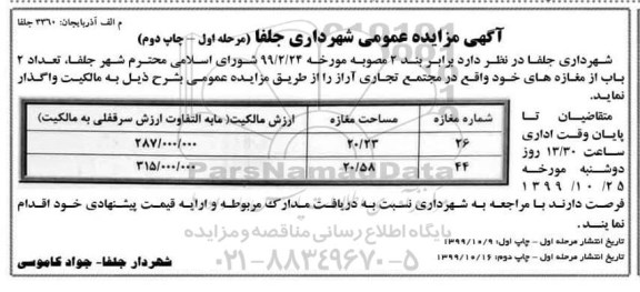مزایده,مزایده واگذاری تعداد 2 باب از مغازه های خود