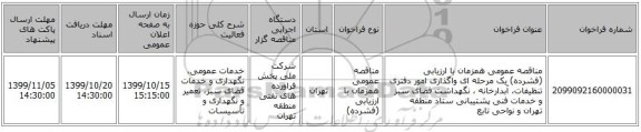 مناقصه عمومی همزمان با ارزیابی (فشرده) یک مرحله ای واگذاری امور دفتری تنظیفات، آبدارخانه ، نگهداشت فضای سبز و خدمات فنی پشتیبانی ستاد منطقه تهران و نواحی تابع
