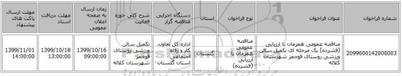 مناقصه عمومی همزمان با ارزیابی (فشرده) یک مرحله ای نکمیل سالن ورزشی روستای قوجمز شهرستان کلاله