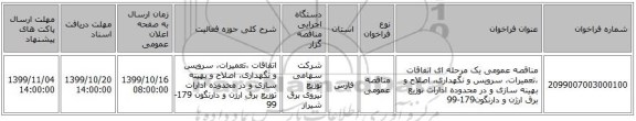 مناقصه عمومی یک مرحله ای اتفاقات ،تعمیرات، سرویس و نگهداری، اصلاح و بهینه سازی و در محدوده ادارات توزیع برق ارژن و دارنگون179-99  