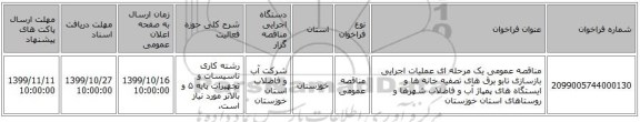 مناقصه عمومی یک مرحله ای عملیات اجرایی بازسازی تابو برق های تصفیه خانه ها و ایستگاه های پمپاژ آب و فاضلاب شهرها و روستاهای استان خوزستان
