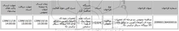 مناقصه عمومی دو مرحله ای تعمیرات دوره ای (اورهال)توربین و ژنراتور واحد S5 نیروگاه سیکل ترکیبی نکا