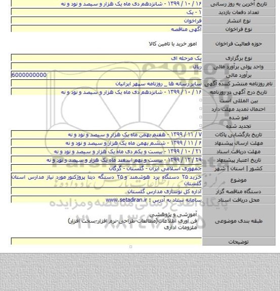 خرید ۲۵ دستگاه برد هوشمند و ۲۵ دستگه دیتا پروژکتور  مورد نیاز مدارس استان گلستان