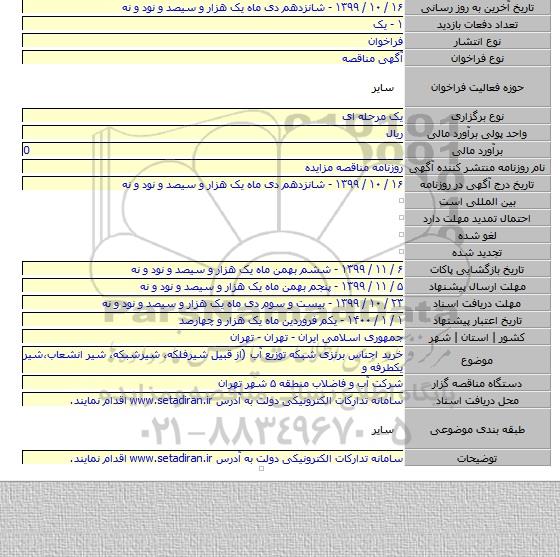 خرید اجناس برنزی شبکه توزیع آب (از قبیل شیرفلکه، شیرشبکه، شیر انشعاب،شیر یکطرفه و