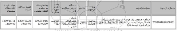 مناقصه عمومی یک مرحله ای پروژه تکمیل شبکه فاضلاب و تحکیم بستر کانال فاضلاب شهرک صنعتی بزرگ شیراز توسعه فاز5